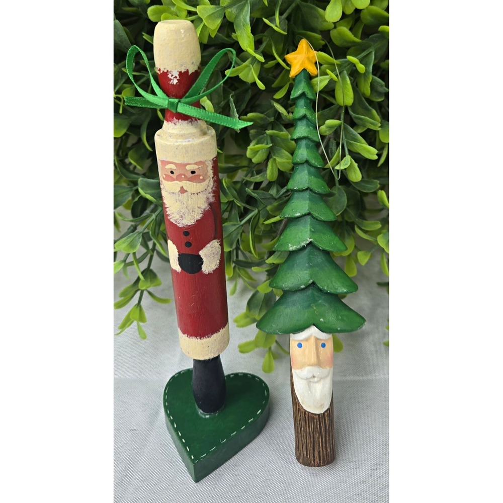 Lot of 2 Handmade Hand Painted Wood Santa Claus Decorations Christmas Tree